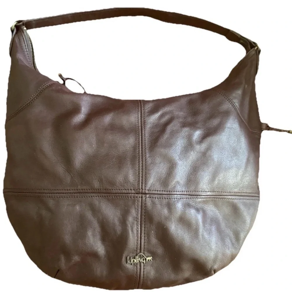 Kipling HB6413-747 Burgundy Leather Hobo Shoulder Bag Slouchy zip Bag charm